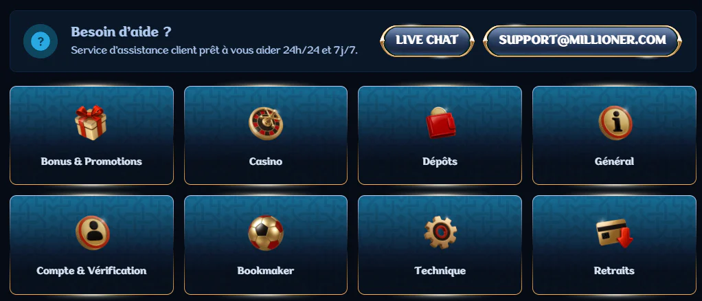 Millioner Casino assistance client avec live chat, e-mail et centre d’aide 24h/24 et 7j/7